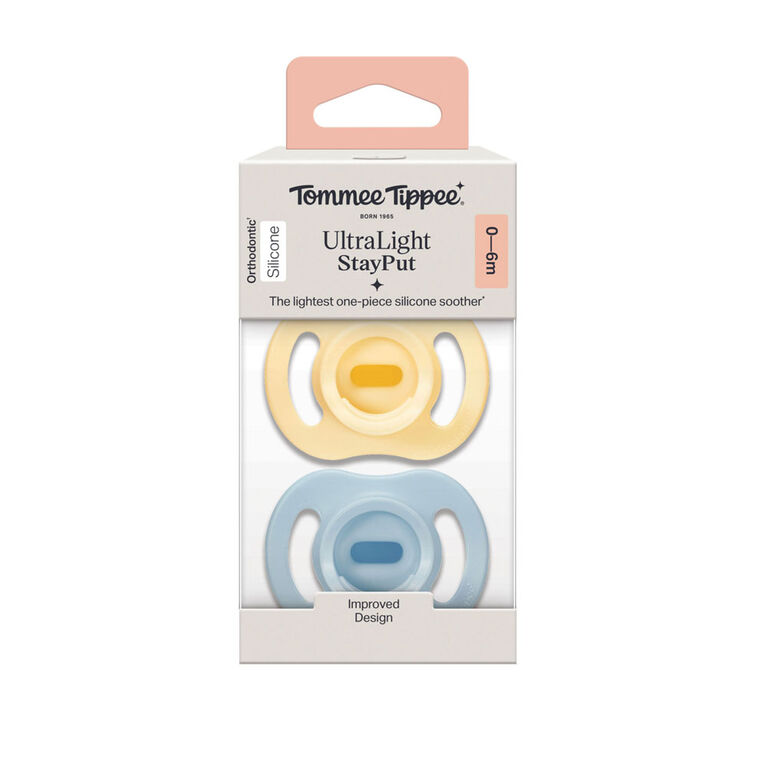 Tommee Tippee Ultra-light StayPut Pacifier, 0-6m, 2 Count, One-Piece Silicone Design