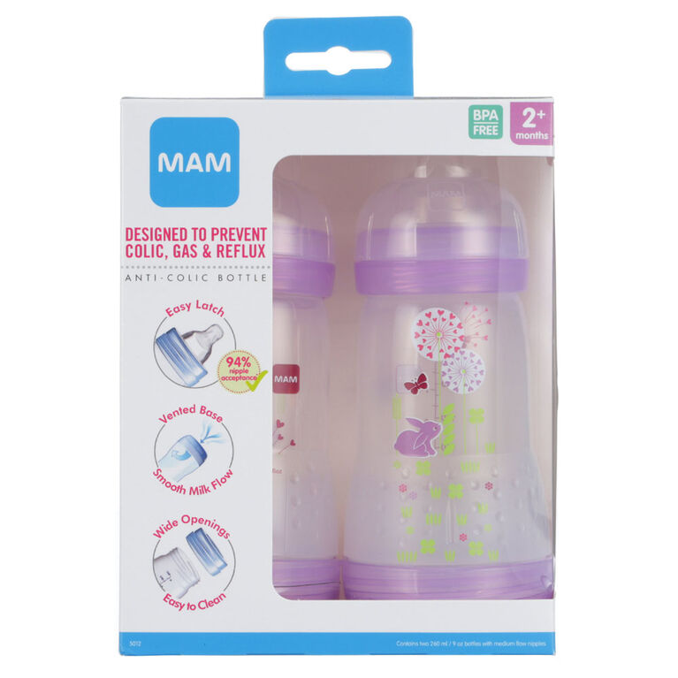 Mam Anti Colic Bottle 2 Pack 9oz - Pink - Patterns May Vary