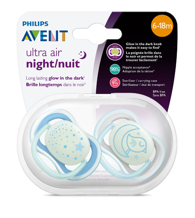 Philips Avent Ultra Air Nighttime Pacifier, 6-18 months, various colors, 2 pack
