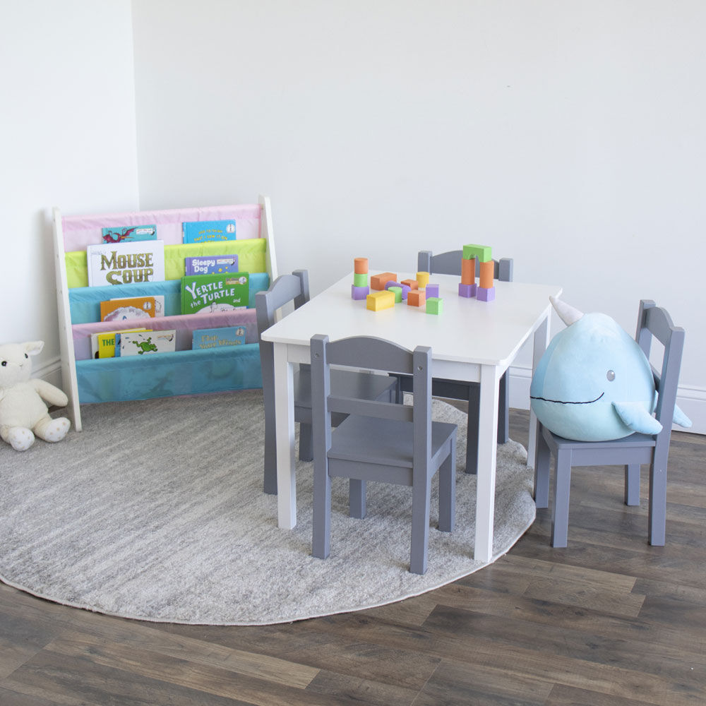 Kids Wood Table 4 Chairs White Grey