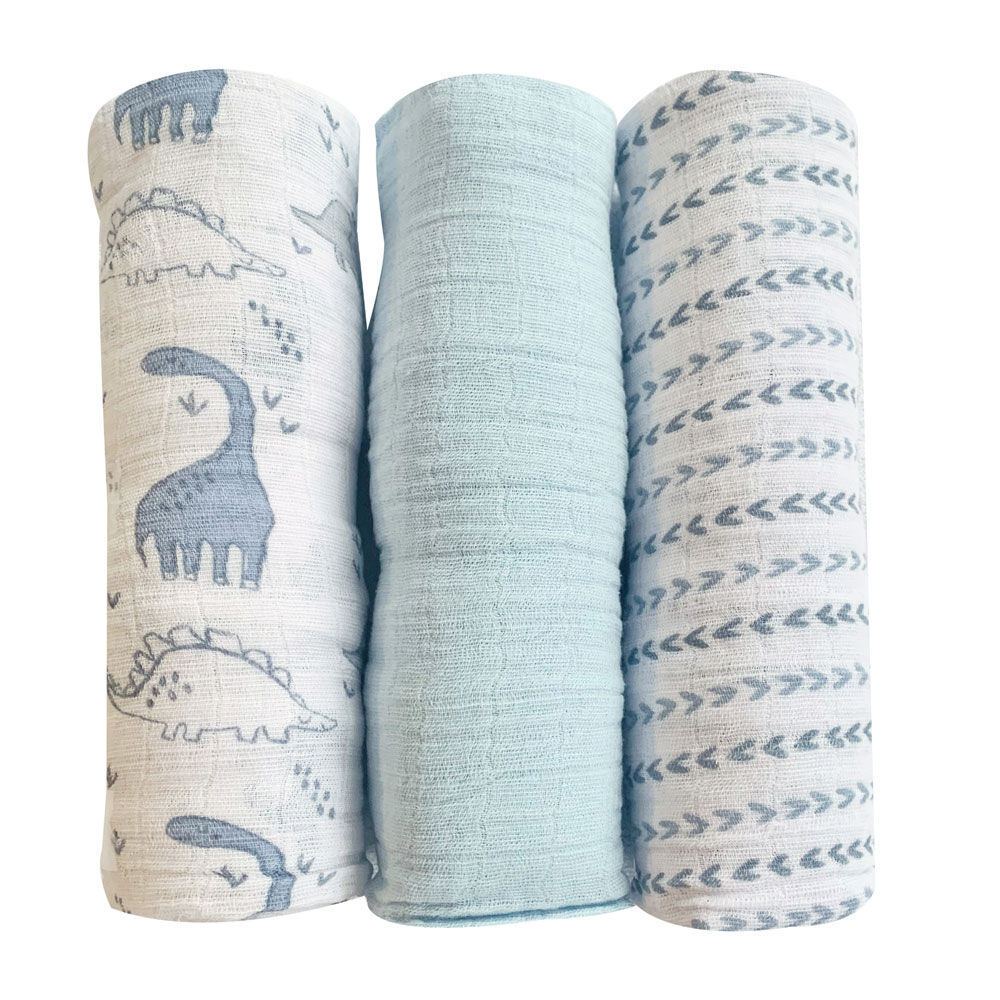 Koala Baby 3 Pk Muslin Swaddle Blue Dinos