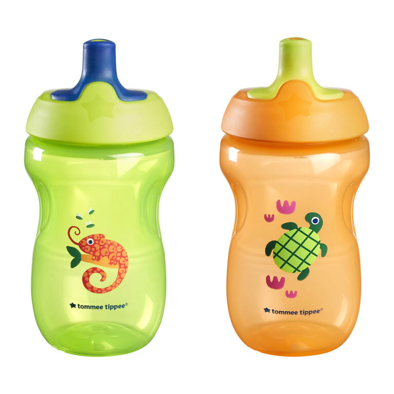 Tommee Tippee Sporty Spout Water Bottle, 10oz, Non-Spill Toddler Sippy Cups for 12 Months+ with Bite-Resistant Spout, Easy-Hold and BPA Free, Assorted Colors, 2 count