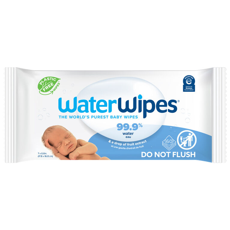 Lingettes pour bébés originales sans plastique WaterWipes, lingettes à base d’eau à 99,9 %, non parfumées, sans fragrance et hypoallergéniques pour les peaux sensibles, 60 unités (1 paquet), l’emballage peut varier