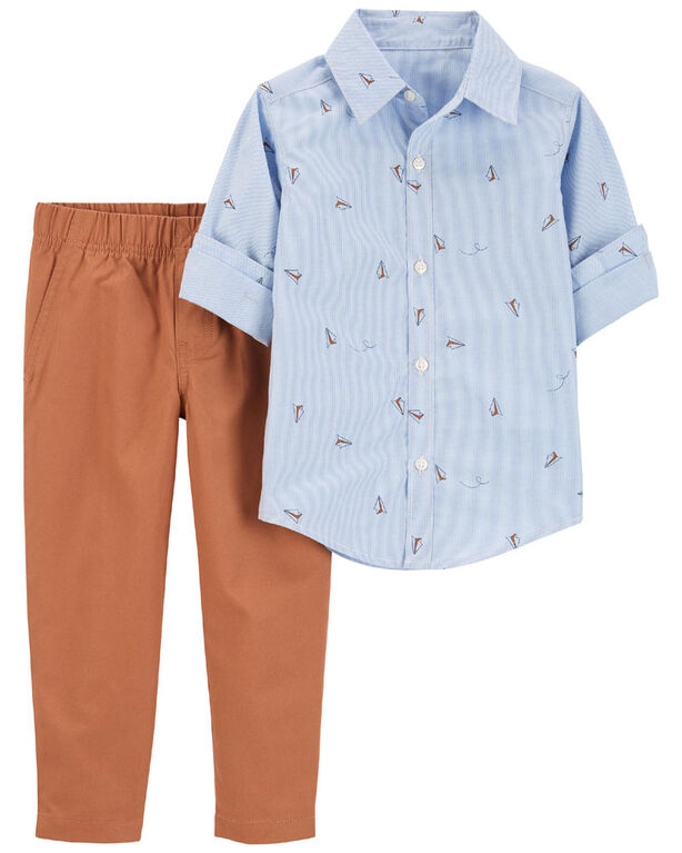 Carter's Two Piece Button Front Shirt And Pant Set Blue  12M