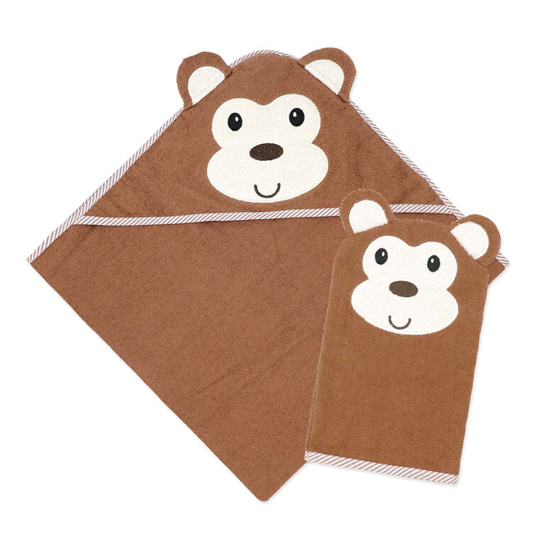 Baby Mode Signature Brown Monkey Hooded Towel and Mitt