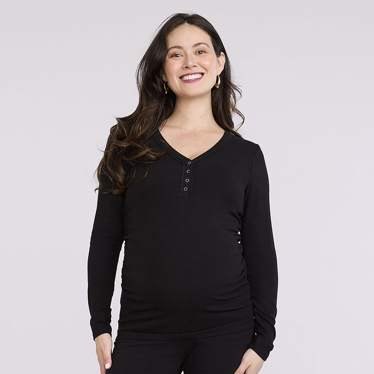 Motherhood - Long Sleeve Snap Henley Nursing Top - Black -L