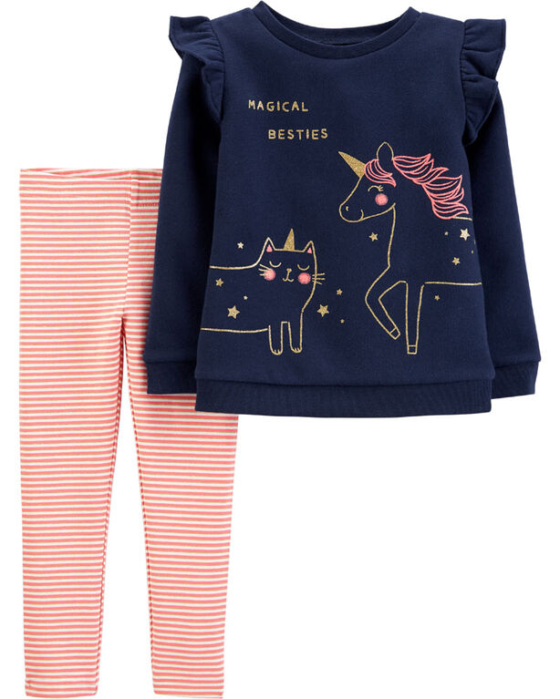 Carter's 2-Piece Unicorn Fleece Top & Striped Legging Set - Navy, 9 Months