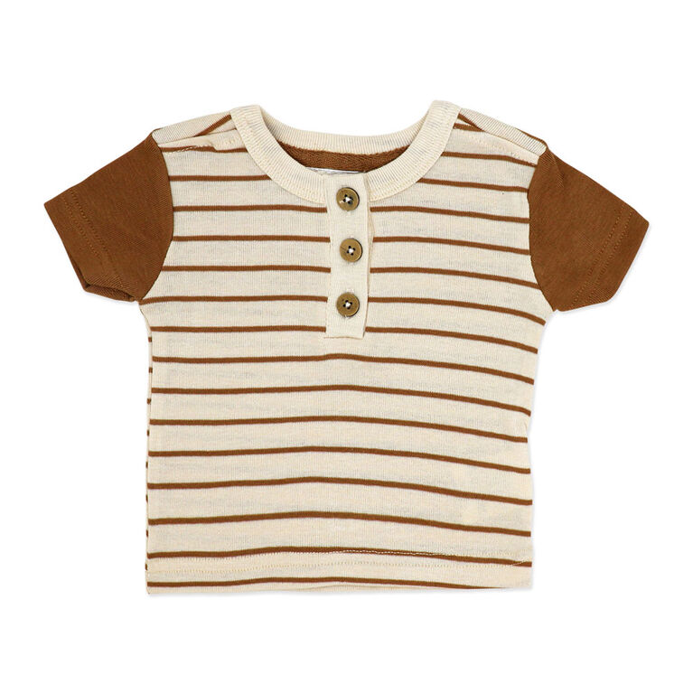 Baby Mode 3 Piece French Terry Jogger Set: Brown Stripe 6-9M
