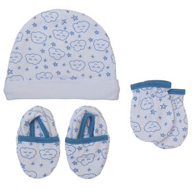 Koala Baby Hat, Mittens And Booties  - Blue clouds
