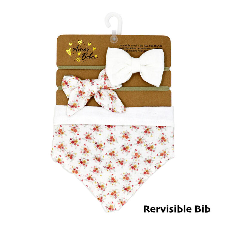 Amor Bebe 3 Piece Muslin Reversible Bib with 2 Headbands Set: Ivory Floral