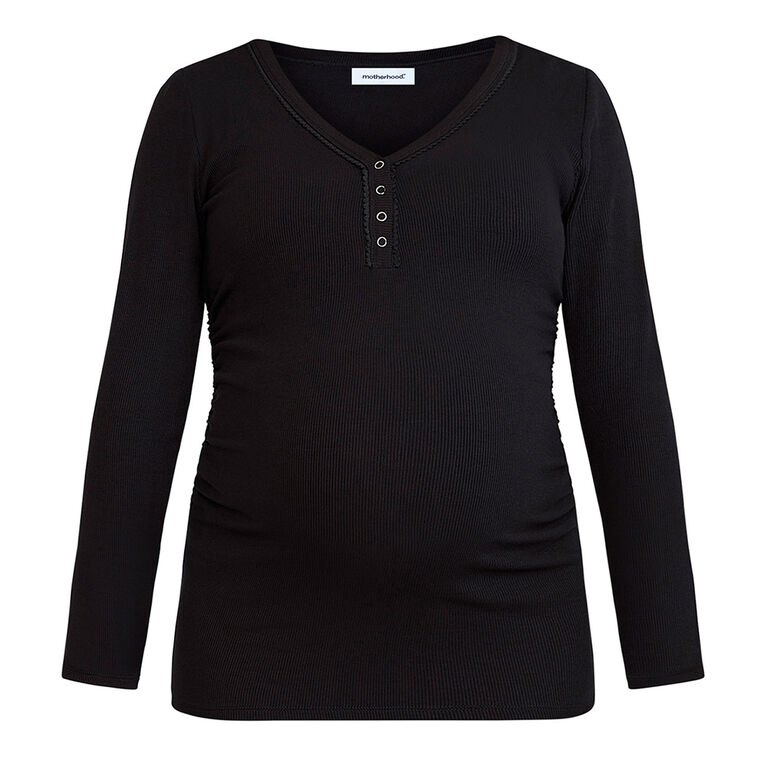 Motherhood - Long Sleeve Snap Henley Nursing Top - Black -L