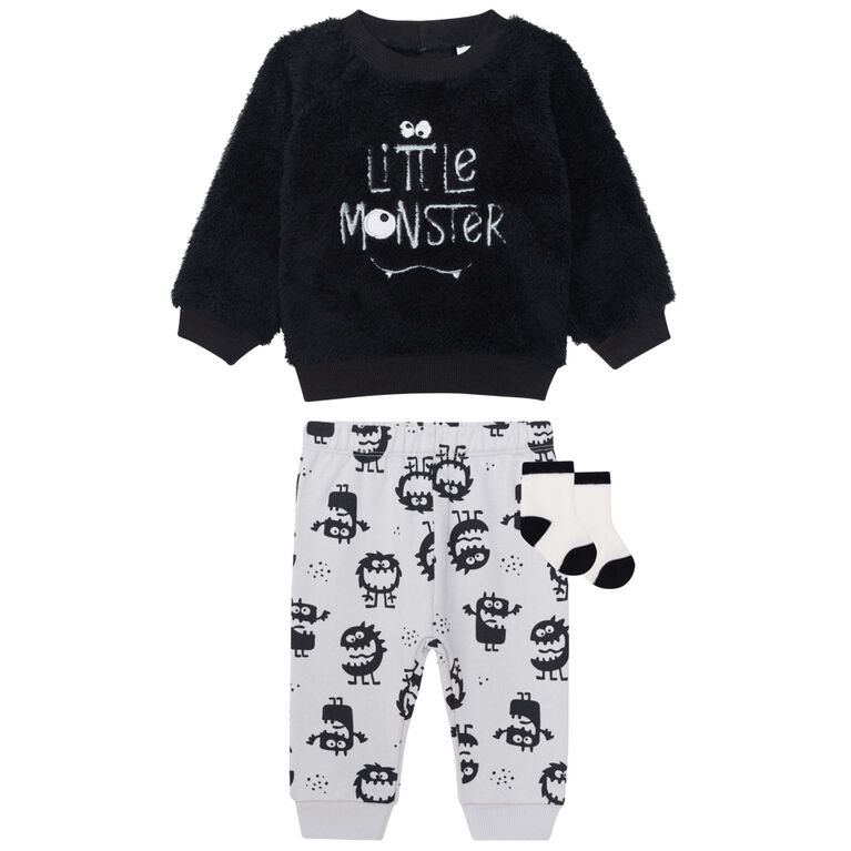 PL Baby ensemble 3 pi&egrave;ces monstre noir 24M