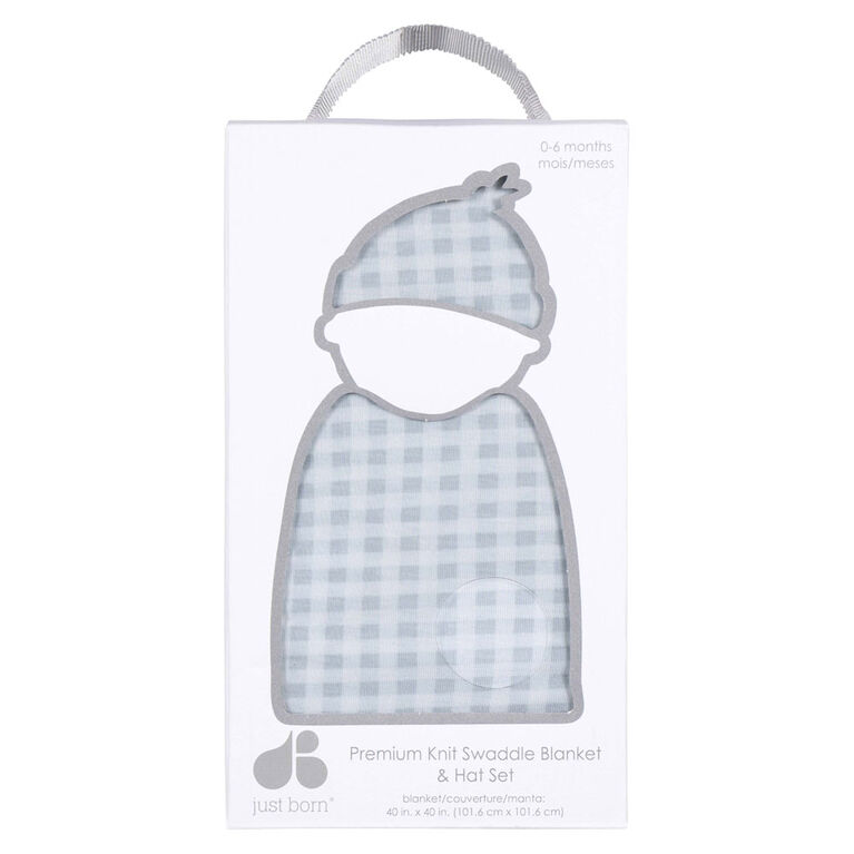 Just Born  - 2 piece Swaddle Blanket+Hat - Blue Plaid