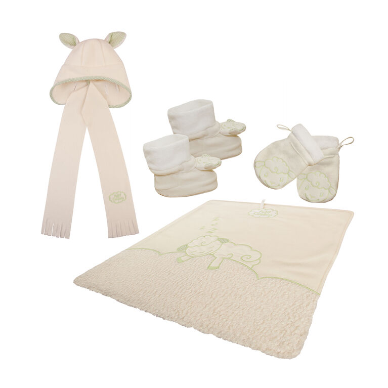 Petit Coulou ensemble cadeaux 4 pcs: chaussons, mitaines, bonnet, couverture avec broderie de mouton.