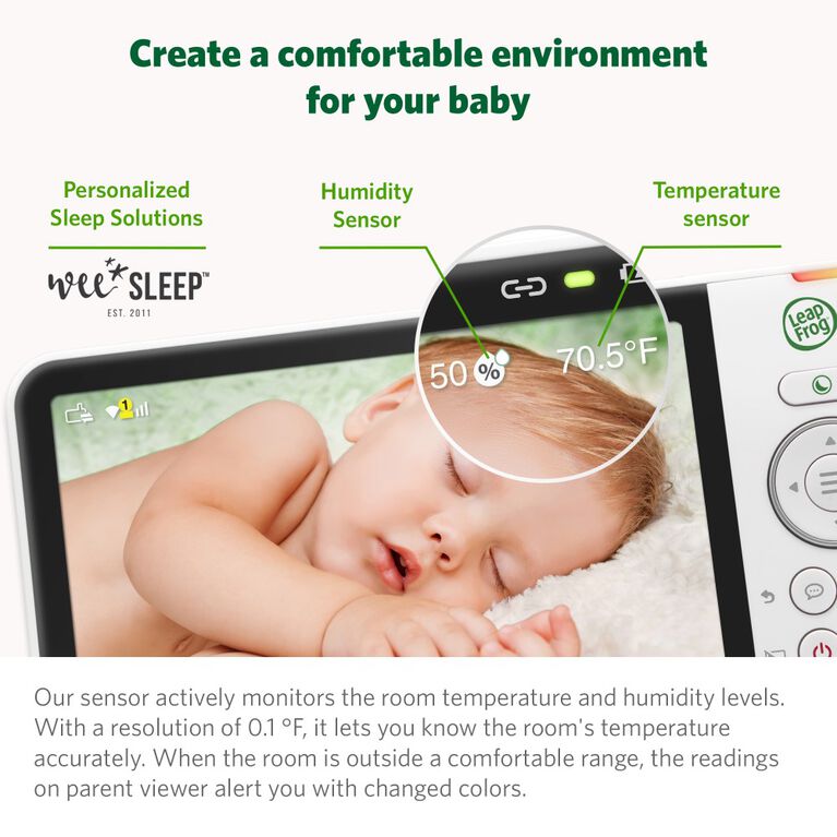 LeapFrog Moniteur de bébé Wi-Fi 1080p panoramique à 360 degrés et inclinaison à 2 camér affichage haute définition 720p de 5 po, veilleuse, vision nocturne couleur, LF925-2HD (blanc)