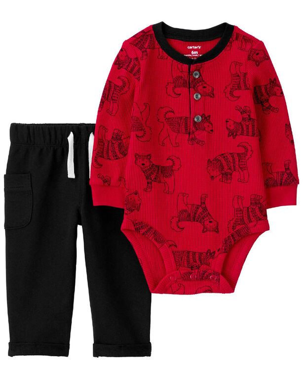 Carter's Two Piece Dog Thermal Bodysuit Pant Set Red  18M