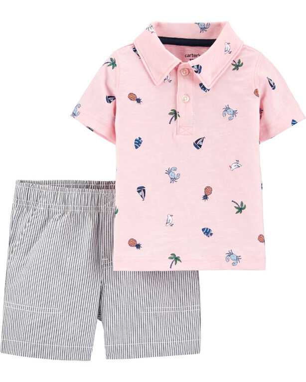 Carter's 2-Piece Beach Polo & Striped Short Set - Pink/Blue, 24 Months