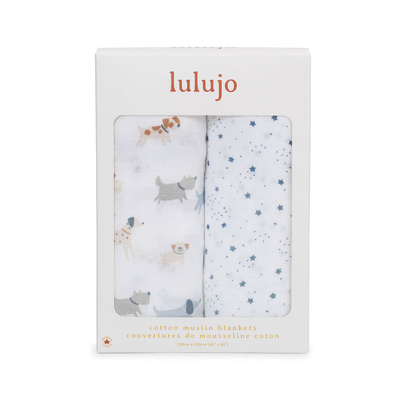 Lulujo - 2 Pack Cotton Muslin Swaddles - Puppy+Stars