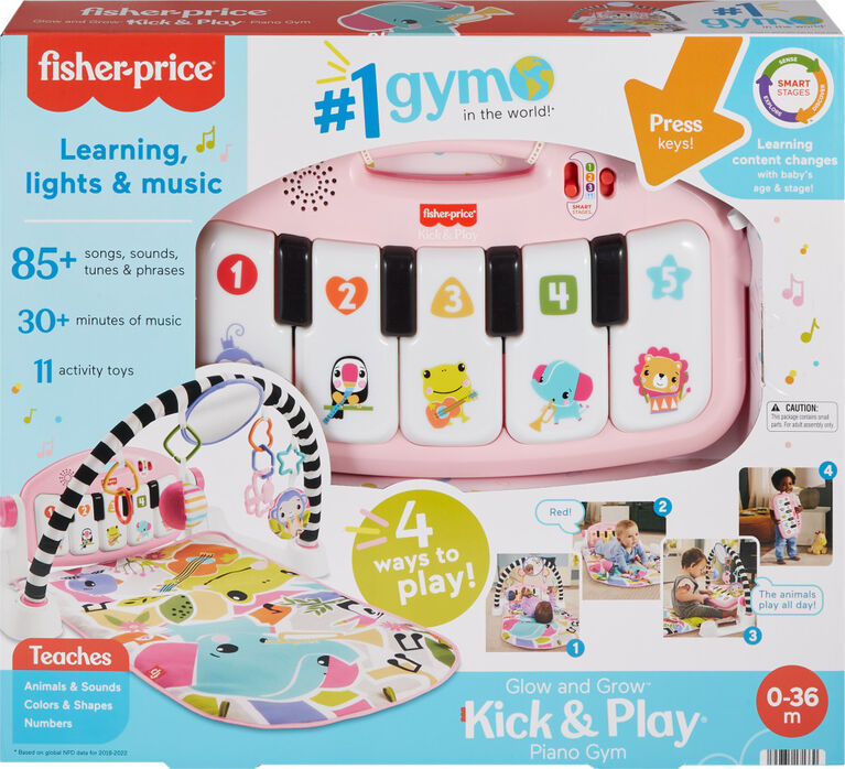 Fisher-Price Glow and Grow Kick & Play Piano Gym Baby Playmat with Musical Learning Toy, Pink