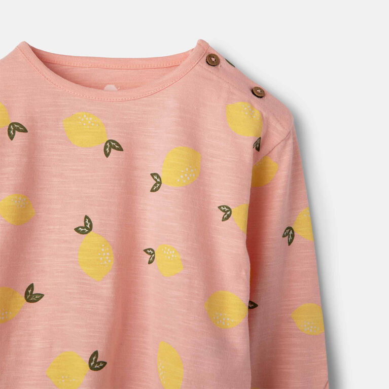 RISE Little Earthling Long Sleeve Button Top Mid Pink Lemon Print
