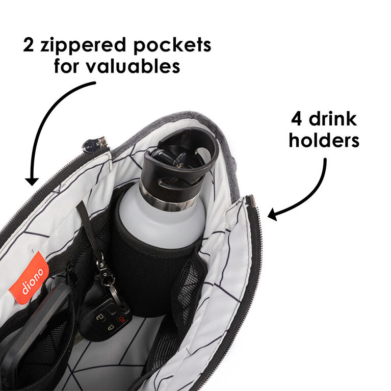 Diono Buggy Buddy XL Universal Stroller Organizer With Cup Holders, Secure Attachment, Zippered Pockets, Safe & Secure, Gray