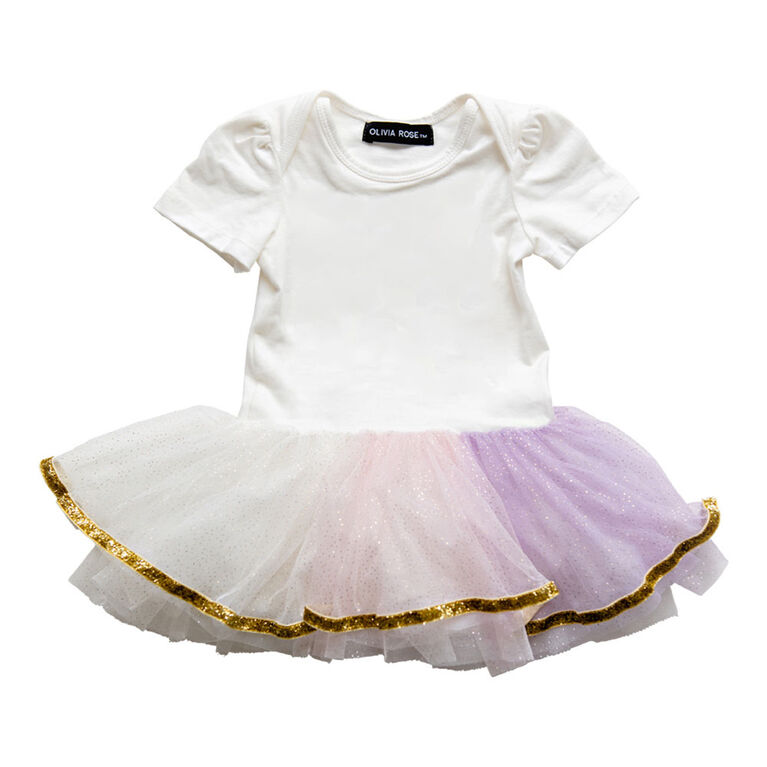 Olivia Rose – Short Sleeve Rianbow Tutu Dress – White - 3-6 Months