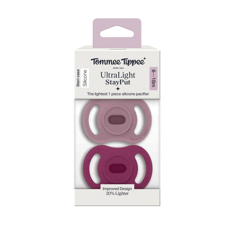 Tommee Tippee Ultra-light StayPut Pacifier, 6-18m, 2 Count, One-Piece Silicone Design