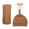 Lulujo Baby Hello World Newborn Bamboo Hat and Swaddle Blanket Set Tan