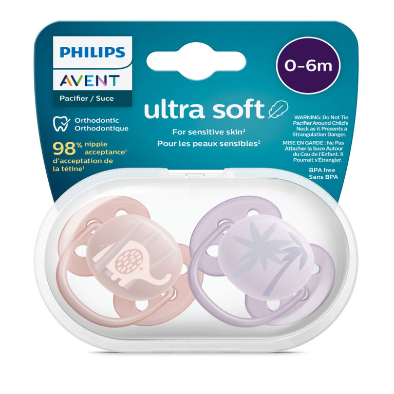 Avent Ultra Soft Pacifier 0-6m lycheee/ lilac 2pk