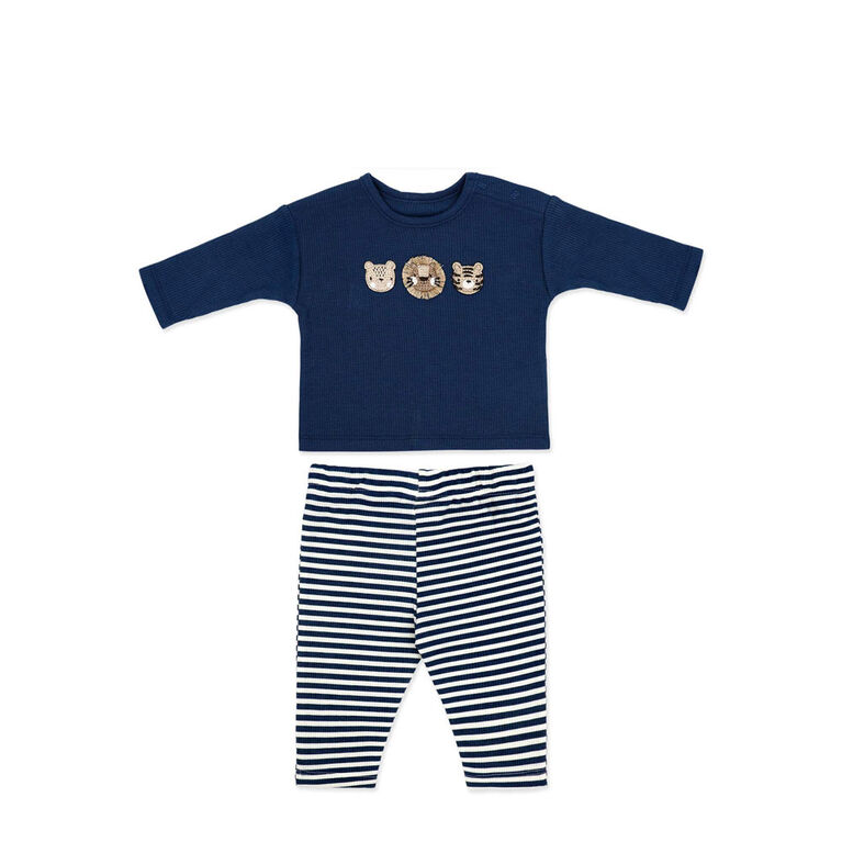 Baby Mode 3 Piece Waffle Pant and Hat Set: Blue Safari Animal 12M
