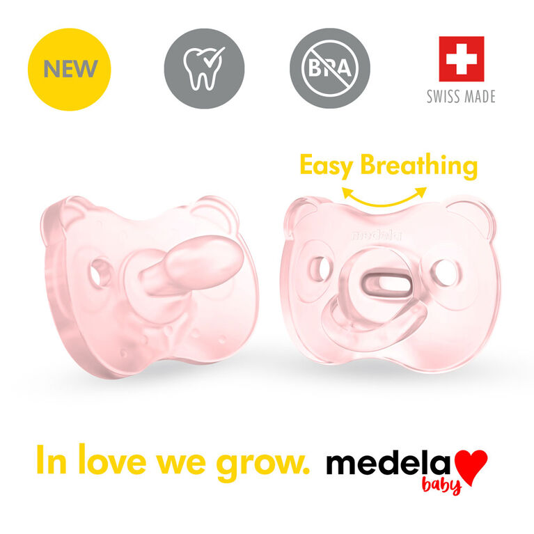 La nouvelle Sucette une pièce SILICONE SOUPLE Medela Baby est conçue pour soutenir la succion naturelle de bébé, sans BPA, légère et orthodontique. 6-18 mo Fille