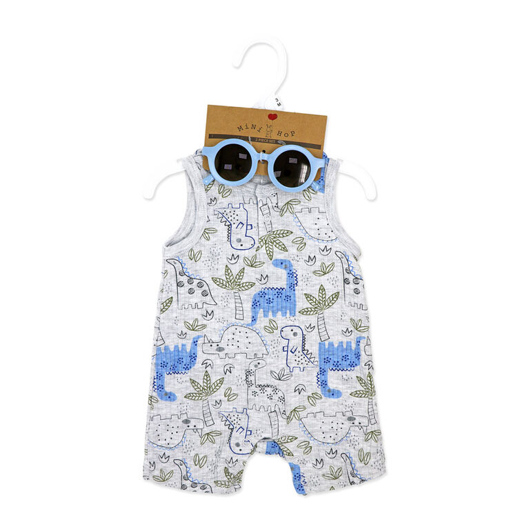 Mini Hop Rib Romper with Sunglasses: Grey Dino