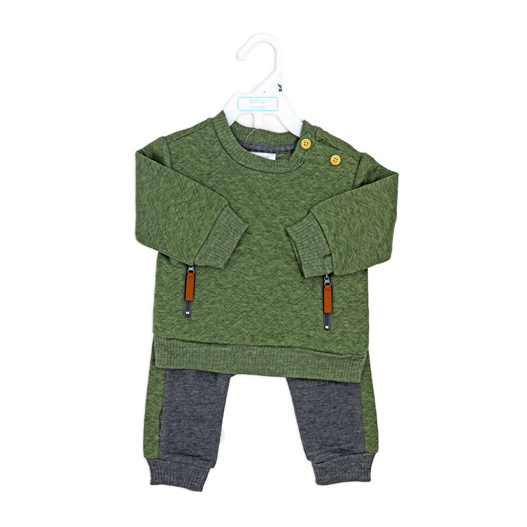 Baby Mode  2 Piece Quilted Jogger Set: Green Heather