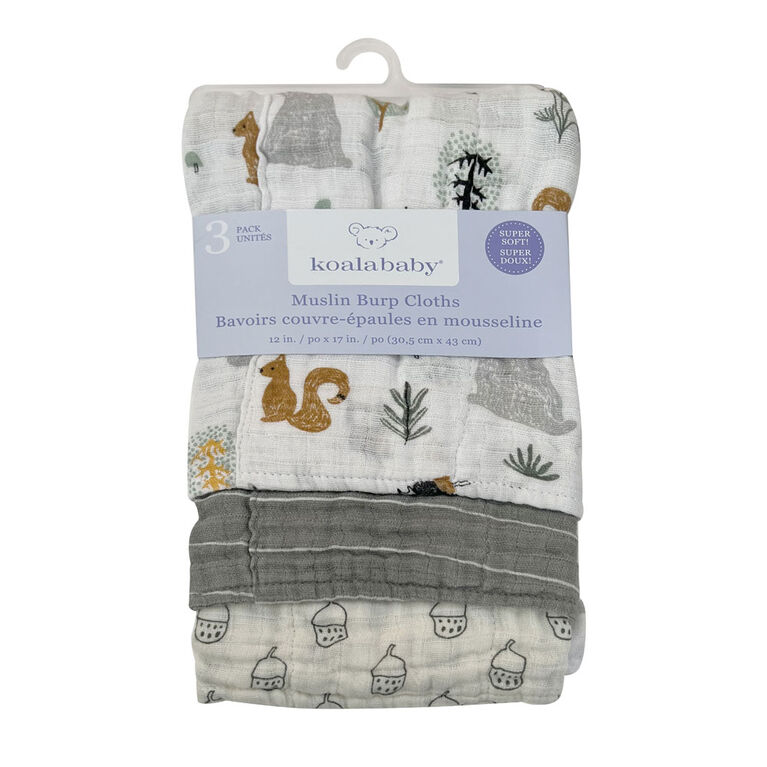 Koala Baby - 3 Pk  Grey Woodland Muslin Burpcloth