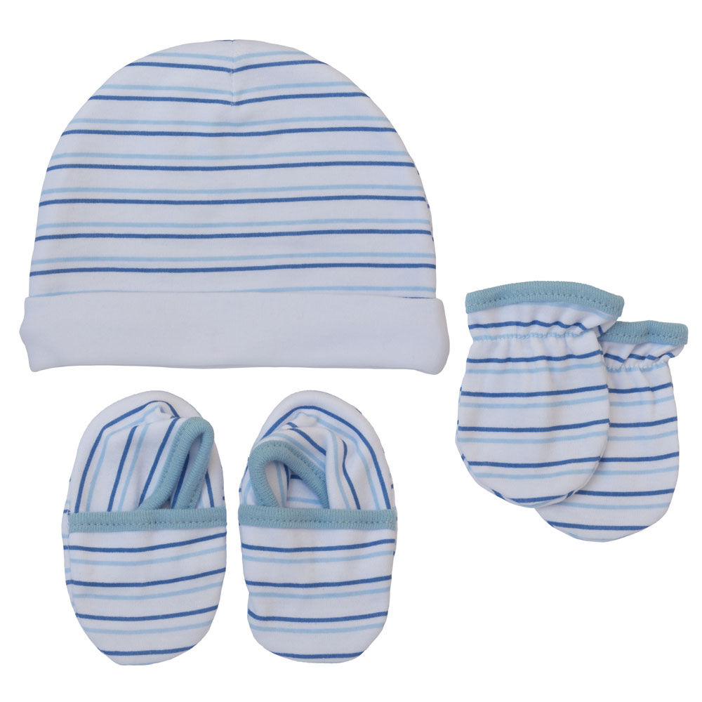 Koala Baby Hat Mittens And Booties Blue Stripes size 3 6 months