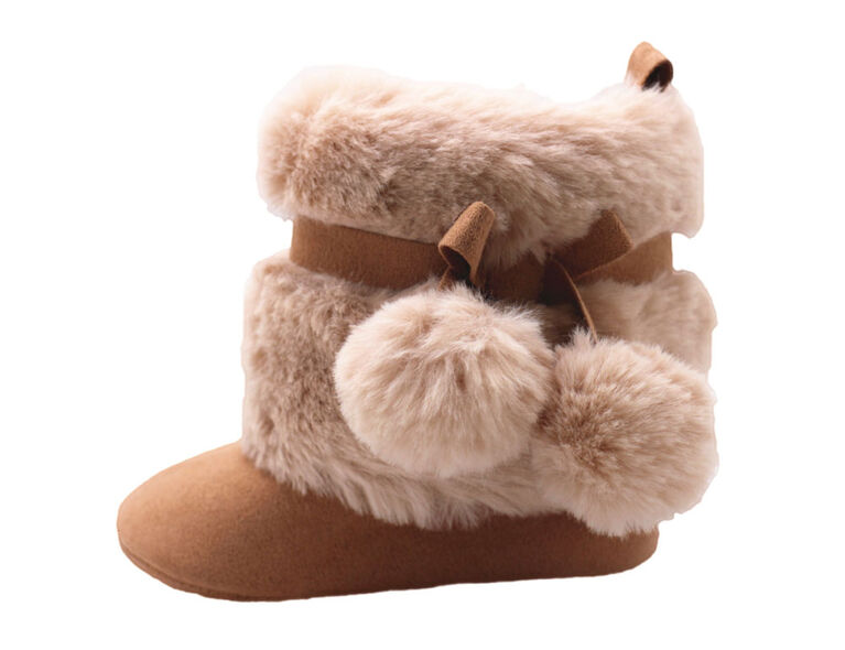 First Steps Chestnut Microsuede Pom Faux Fur Booties Size 3, 6-9 months