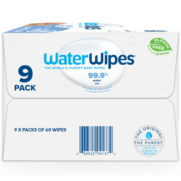 WaterWipes Plastic-Free Original Baby Wipes, 99.9% Water Based Wipes, Unscented, Fragrance-Free & Hypoallergenic for Sensitive Skin, 540 Count (9 packs), Packaging May Vary