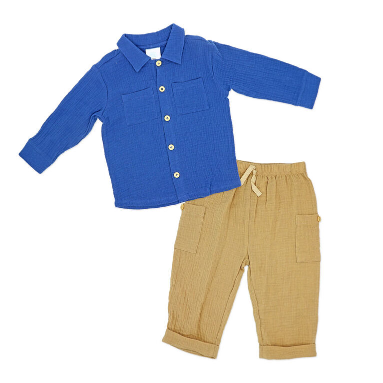 Baby Mode 2 Piece Gauze Pant Set: Denim Blue 18M