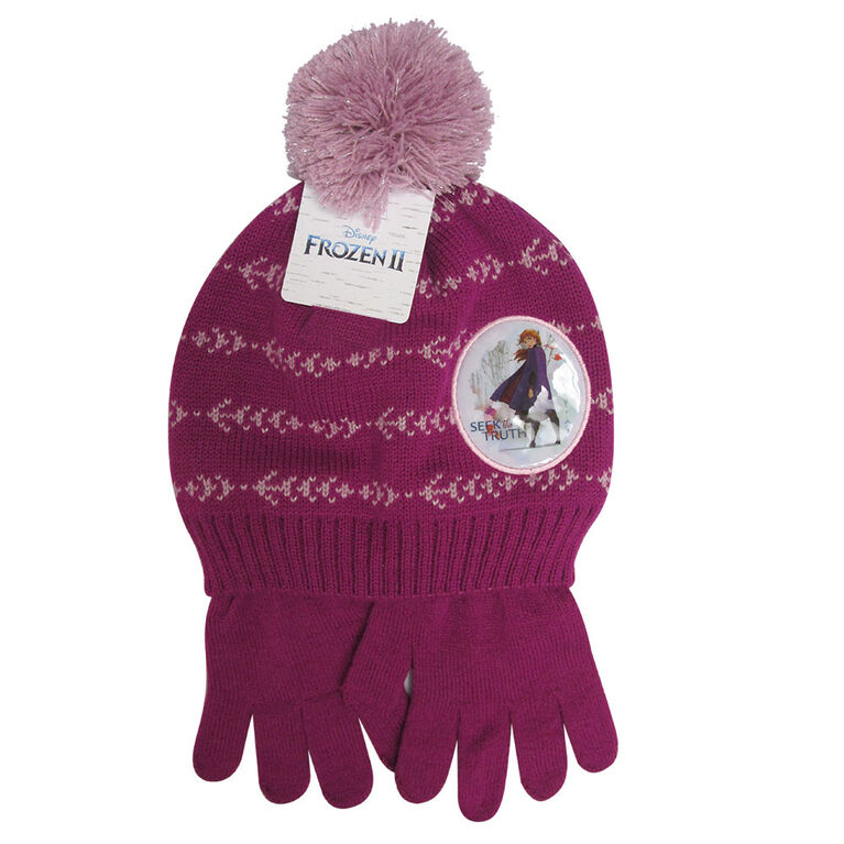 Disney - Girls Lurex PomPom Toque and Matching Gloves - Frozen - Purple