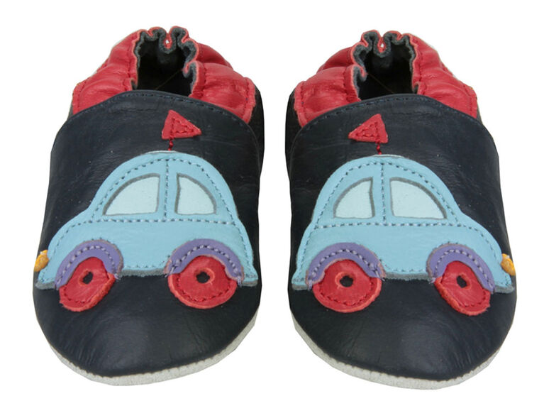 Tickle-toes Chaussures en cuir souple avec écusson de voiture - Bleu marin avec auto, 0-6 mois.