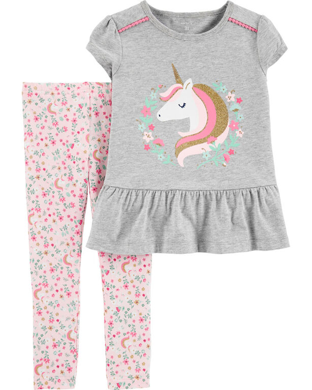 Ensemble 2 pièces haut à basque et licorne et legging fleuri Carter’s - gris/rose, 9 mois