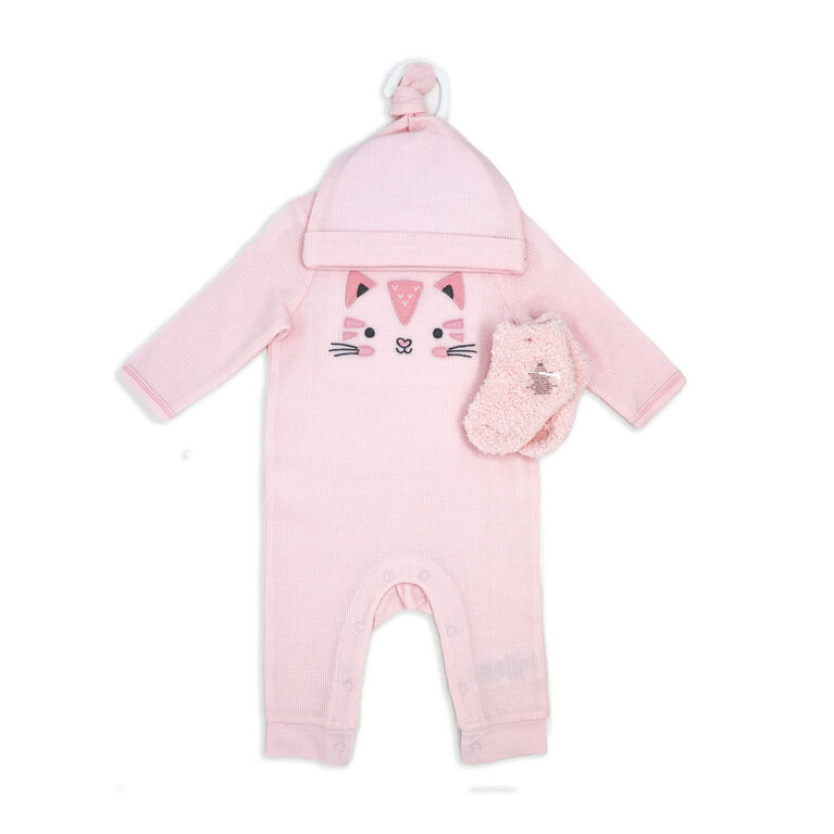 Sterling Baby 3 Piece Waffle Coverall Set:Pink Kitty