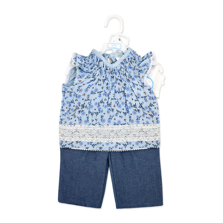 Baby Mode  3 Piece Pant Set: Blue Floral