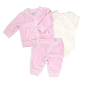 Baby Mode 3 Piece Ribbed Velour Varsity Set: Pink Rainbow Bunny