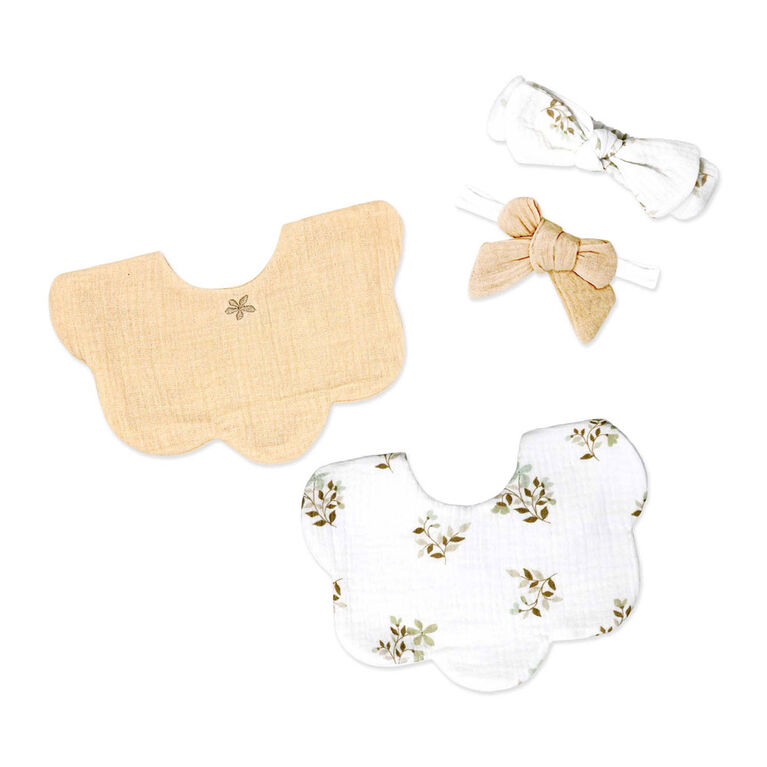 Baby Mode Signature 4 Piece Bib & Headbands: Tan Folliage