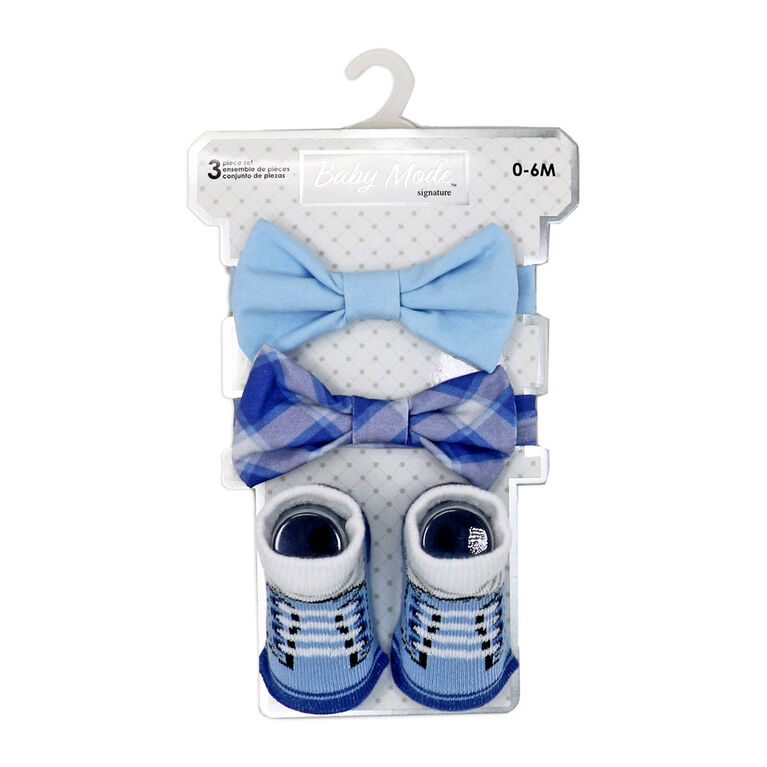 Baby Mode Siganture 3 Piece Bowtie & Sock Set: Blue Plaid