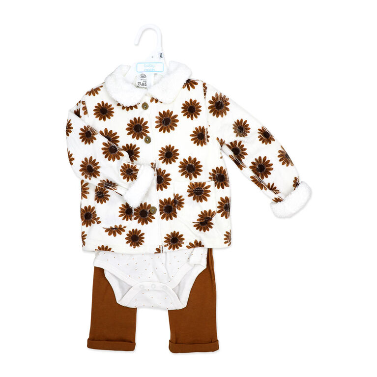 Baby Mode 3 Piece Cord Velour Jacket Set: Brown Wildflower 6-9M