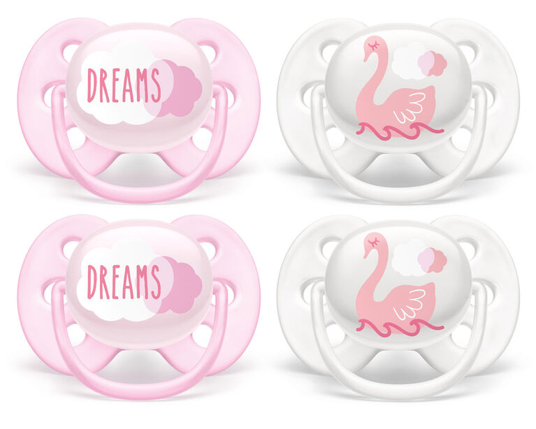 Philips Avent Ultra Soft Pacifier 0-6 months, Dreams and Swan Designs, 4 pack