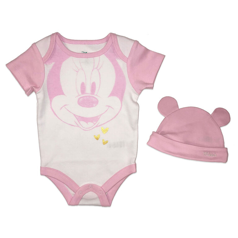 Disney Minnie Mouse 2 Piece Bodysuit And Hat Set Pink Newborn