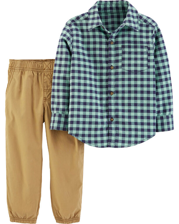 Carter's 2-Piece Gingham Button-Front Shirt & Poplin Pant - Green/Khaki, 12 Months